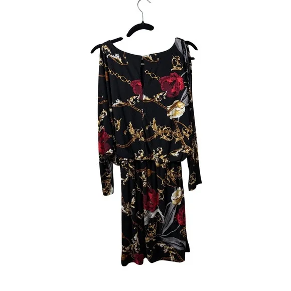 Boston Proper Black Floral Blouson Dress Baroque Chain Print Italian Style Sz M - Picture 7 of 10